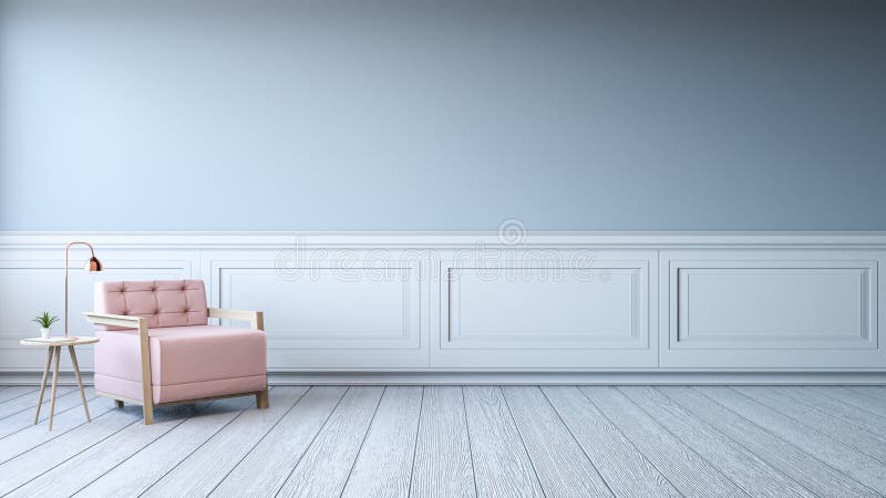 Μινιμαλιστικό εσωτερικό σχέδιο, άσπρο δωμάτιο με τη ρόδινη καρέκλα στο συγκεκριμένο flooringwhite διανυσματική απεικόνιση