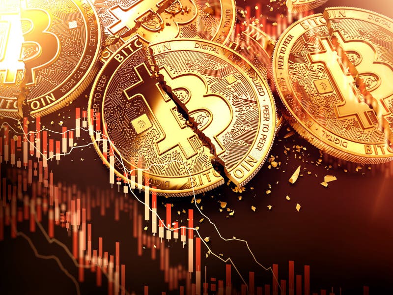 Ραγισμένα ή χαλασμένα χρυσά νομίσματα Bitcoin και κόκκινη downtrend επικάλυψη διαγραμμάτων Απώλεια επένδυσης Bitcoin και μειωμένη απεικόνιση αποθεμάτων Ραγισμένα ή χαλασμένα χρυσά νομίσματα Bitcoin και κόκκινη downtrend επικάλυψη διαγραμμάτων Απώλεια επένδυσης Bitcoin και μειωμένη απεικόνιση αποθεμάτων