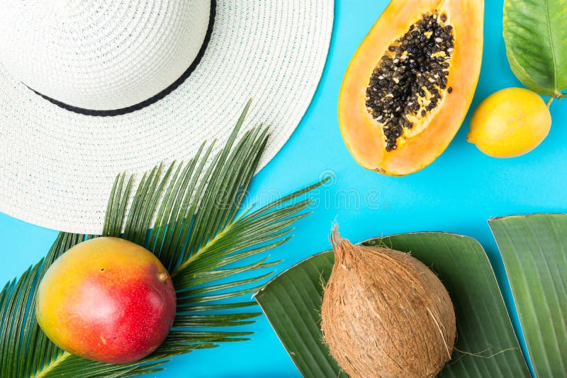 Ώριμη juicy διχοτομημένη μάγκο papaya καρύδα στο μεγάλο φύλλο φοινικών Καπέλο ήλιων παραλιών αχύρου στο μπλε υπόβαθρο Μόδα θερινώ στοκ εικόνες Ώριμη juicy διχοτομημένη μάγκο papaya καρύδα στο μεγάλο φύλλο φοινικών Καπέλο ήλιων παραλιών αχύρου στο μπλε υπόβαθρο Μόδα θερινώ στοκ εικόνες