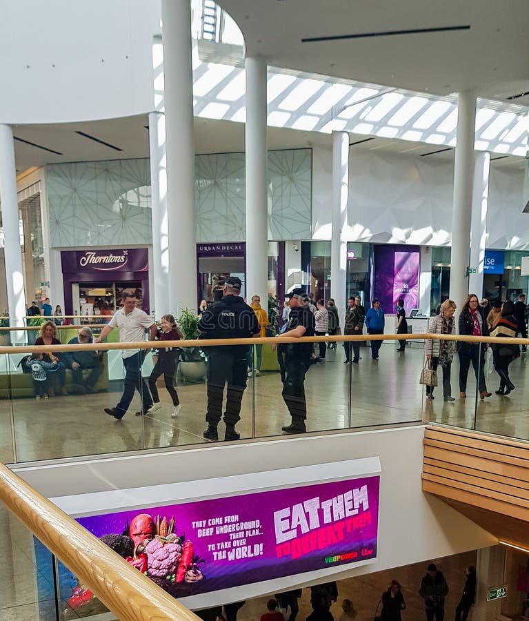 ΣΕΦΙΛΝΤ, UK - 9 ΜΑΡΤΊΟΥ 2019: Δύο οπλισμένοι αστυνομικοί με τα πυροβόλα όπλα SMG σε Meadowhall στοκ εικόνα ΣΕΦΙΛΝΤ, UK - 9 ΜΑΡΤΊΟΥ 2019: Δύο οπλισμένοι αστυνομικοί με τα πυροβόλα όπλα SMG σε Meadowhall στοκ εικόνα