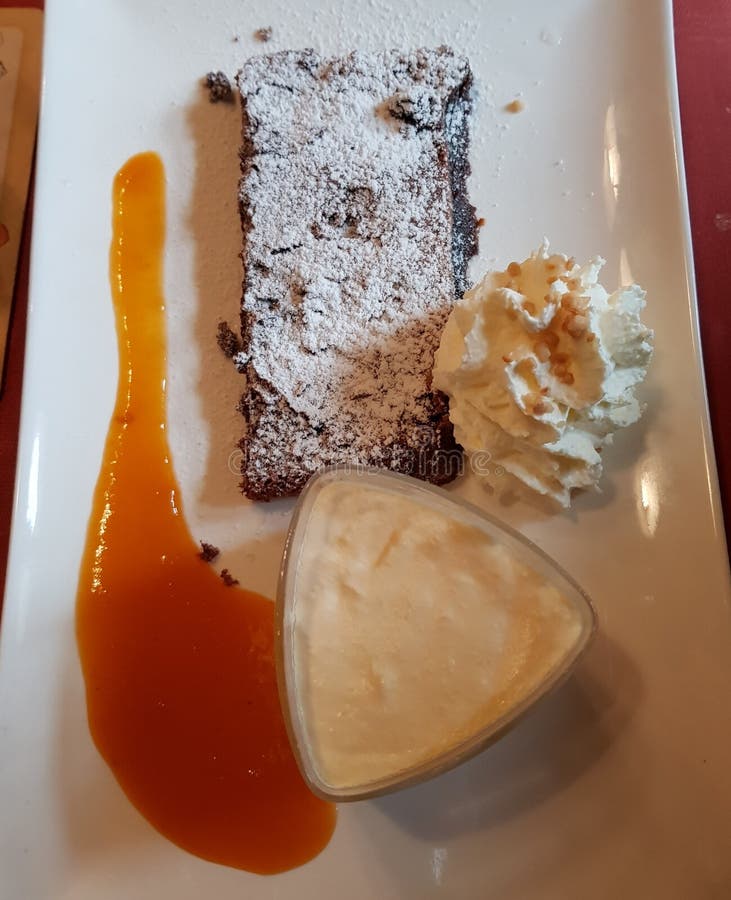 Σοκολάτα tarte με την κρέμα βερίκοκων και το παρφαί βανίλιας στοκ εικόνες Σοκολάτα tarte με την κρέμα βερίκοκων και το παρφαί βανίλιας στοκ εικόνες