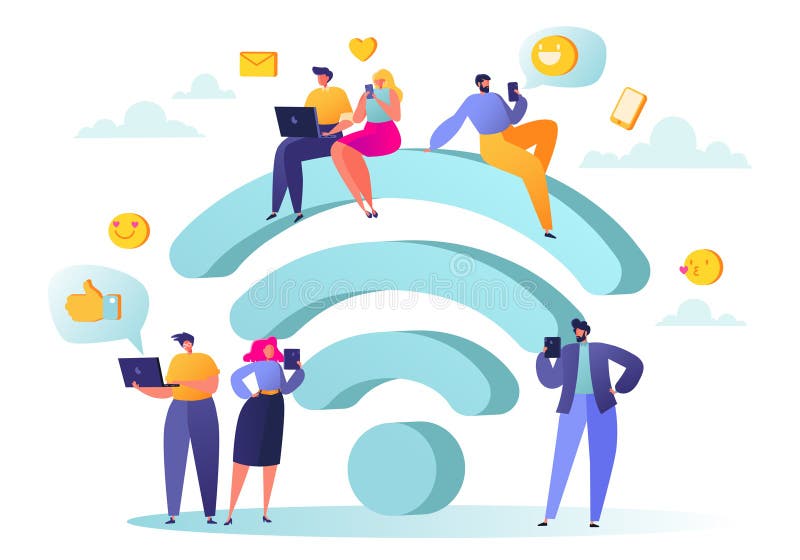 Σύνδεση WI-Fi Οι άνθρωποι σύλλεξαν κοντά σε ένα μεγάλο σύμβολο WI-Fi ελεύθερη απεικόνιση δικαιώματος
