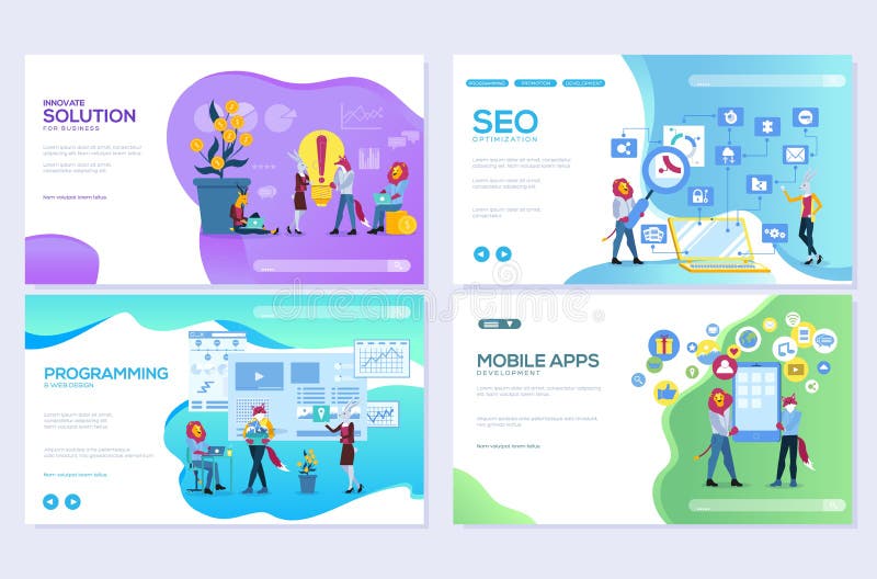 Σύνολο κινητής ανάπτυξης ιστοχώρου, SEO, apps, επιχειρησιακές λύσεις Διανυσματικά πρότυπα σχεδίου απεικόνισης ιστοσελίδας επιμελη ελεύθερη απεικόνιση δικαιώματος Σύνολο κινητής ανάπτυξης ιστοχώρου, SEO, apps, επιχειρησιακές λύσεις Διανυσματικά πρότυπα σχεδίου απεικόνισης ιστοσελίδας επιμελη ελεύθερη απεικόνιση δικαιώματος