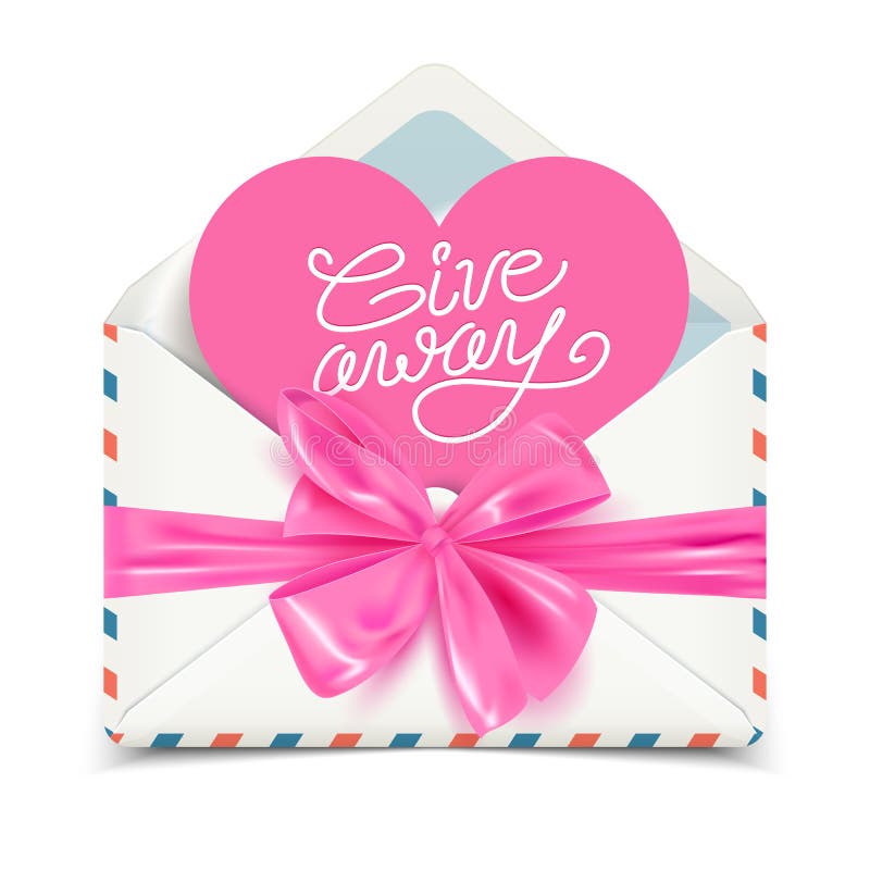 Σχέδιο εμβλημάτων διαφημίσεων Giveaway, ρεαλιστικός άσπρος φάκελος με το ρόδινο τόξο, διανυσματική απεικόνιση ελεύθερη απεικόνιση δικαιώματος