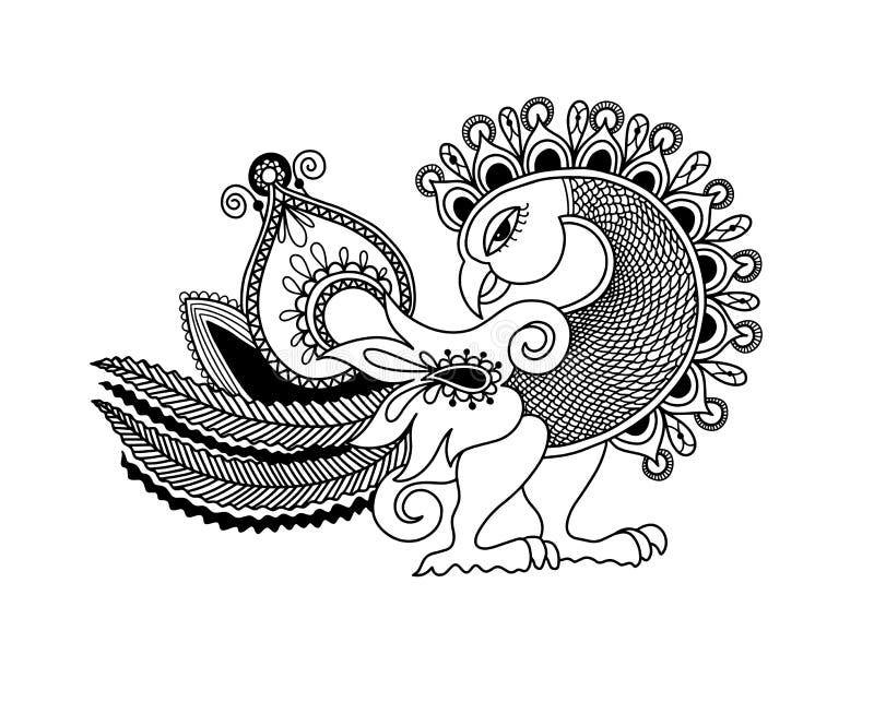 Σχέδιο χεριών σκίτσων του πουλιού του Paisley peacock, ινδικό kalamkari παράδοσης ελεύθερη απεικόνιση δικαιώματος