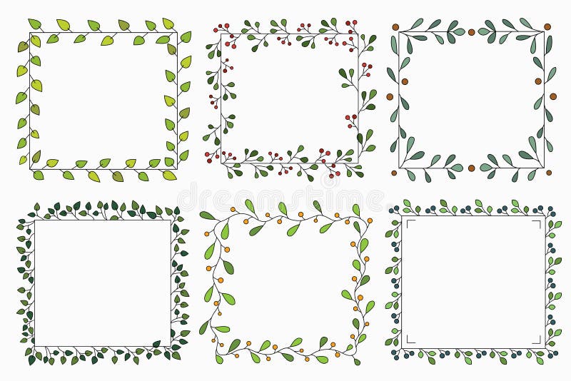 Συρμένο χέρι σύνολο διαφορετικού floral διανυσματικού στεφανιού με τα πράσινα φύλλα, δασικό, χαριτωμένο τετραγωνικό αγροτικό πλαί διανυσματική απεικόνιση Συρμένο χέρι σύνολο διαφορετικού floral διανυσματικού στεφανιού με τα πράσινα φύλλα, δασικό, χαριτωμένο τετραγωνικό αγροτικό πλαί διανυσματική απεικόνιση