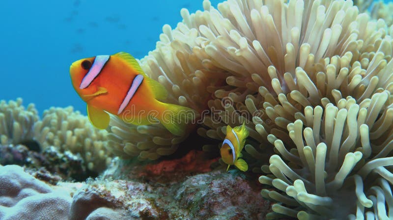 Ψάρια κλόουν με το νεαρό κοντά στο anemone θάλασσας Bicinctus Amphiprion - δύο-που ενώνεται anemonefish Ερυθρά Θάλασσα στοκ φωτογραφία με δικαίωμα ελεύθερης χρήσης Ψάρια κλόουν με το νεαρό κοντά στο anemone θάλασσας Bicinctus Amphiprion - δύο-που ενώνεται anemonefish Ερυθρά Θάλασσα στοκ φωτογραφία με δικαίωμα ελεύθερης χρήσης