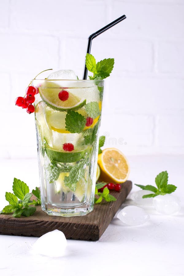 Το σπίτι έκανε το κοκτέιλ mojito με το λεμόνι, ασβέστης, φύλλα μεντών, με τον πάγο και την κόκκινη σταφίδα στοκ εικόνες Το σπίτι έκανε το κοκτέιλ mojito με το λεμόνι, ασβέστης, φύλλα μεντών, με τον πάγο και την κόκκινη σταφίδα στοκ εικόνες