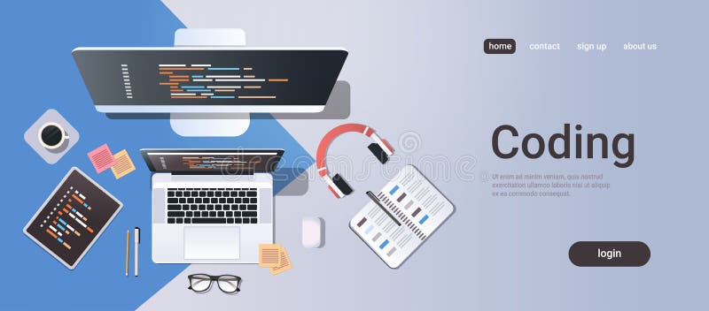 Τοπ οθόνη lap-top ταμπλετών οργάνων ελέγχου υπολογιστών γραφείου άποψης γωνίας έννοιας κωδικοποίησης προγράμματος ανάπτυξης σχεδί διανυσματική απεικόνιση Τοπ οθόνη lap-top ταμπλετών οργάνων ελέγχου υπολογιστών γραφείου άποψης γωνίας έννοιας κωδικοποίησης προγράμματος ανάπτυξης σχεδί διανυσματική απεικόνιση