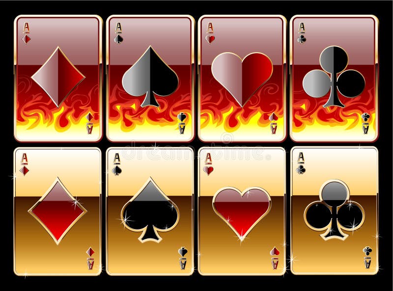 Illustration of golden gambling cards in the fire. Golden poker vectors