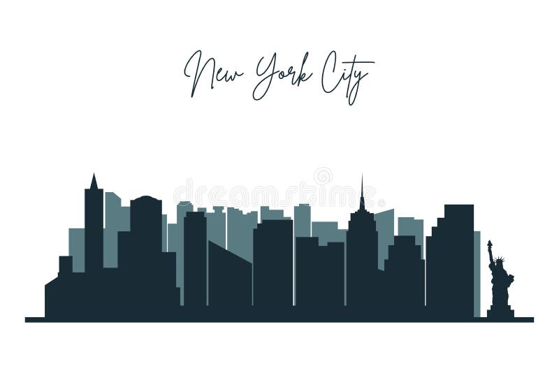 Silhouette of New York city. NYC urban skyline with skyscrapers, buildings and liberty statue.