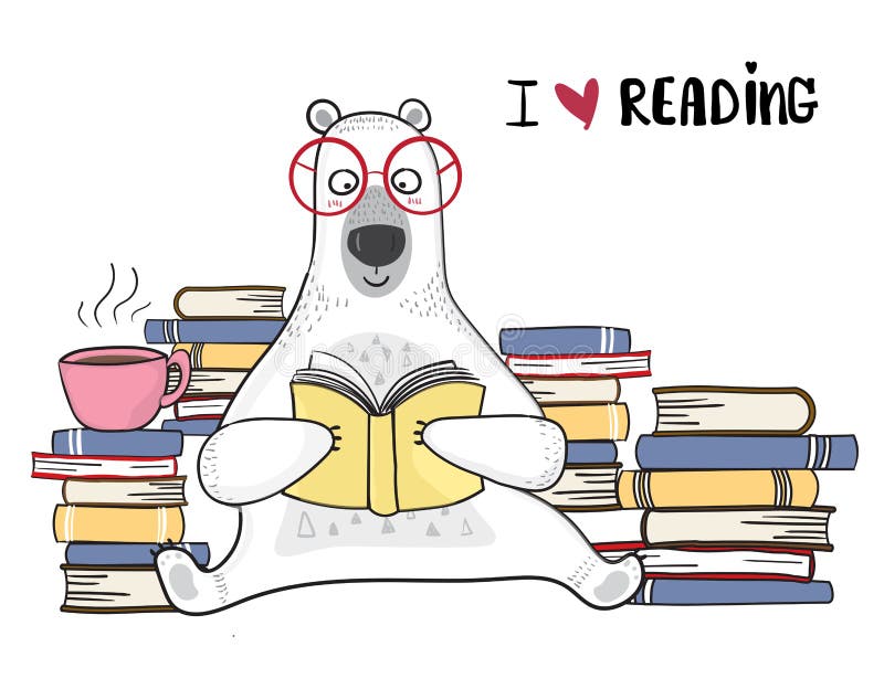 Белый медведь в красных стеклах книга чтения с кучей книг иллюстрация штока Белый медведь в красных стеклах книга чтения с кучей книг иллюстрация штока