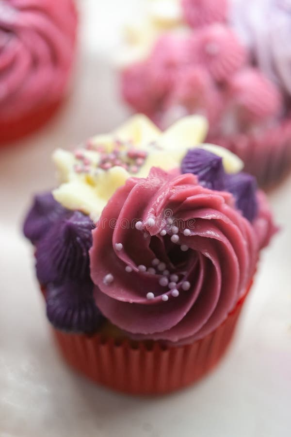 Вкусные пирожные colorfull с клубниками и сливк Селективный фокус торт со сливк пинка, желтых и фиолетовых стоковое фото Вкусные пирожные colorfull с клубниками и сливк Селективный фокус торт со сливк пинка, желтых и фиолетовых стоковое фото