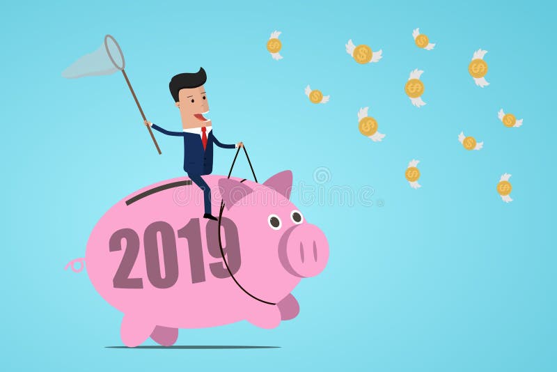 Всадник бизнесмена на копилке свиньи с монетками задвижек текста 2019 также вектор иллюстрации притяжки corel иллюстрация штока Всадник бизнесмена на копилке свиньи с монетками задвижек текста 2019 также вектор иллюстрации притяжки corel иллюстрация штока