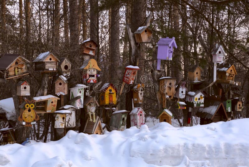Выставка birdhouses в зоопарке Новосибирска стоковое изображение Выставка birdhouses в зоопарке Новосибирска стоковое изображение