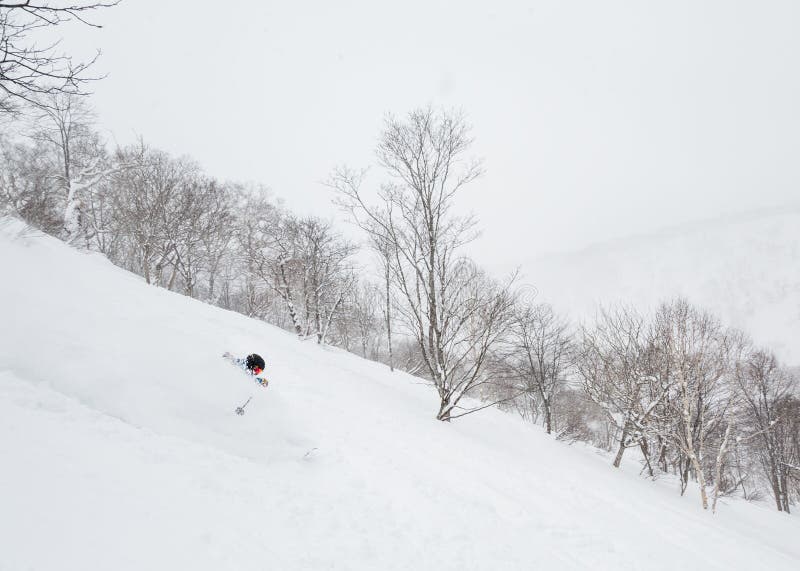 Глубокое катание на лыжах порошка в Niseko, Японии стоковое изображение rf Глубокое катание на лыжах порошка в Niseko, Японии стоковое изображение rf