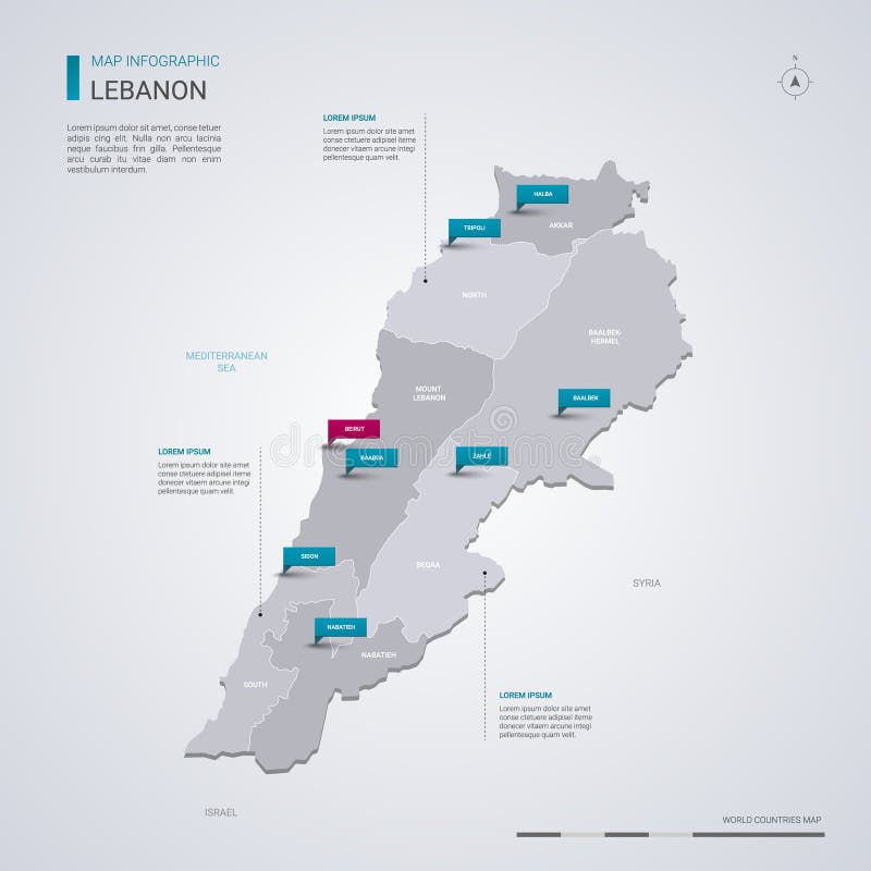 Карта вектора Ливана с infographic элементами, метками указателя иллюстрация штока Карта вектора Ливана с infographic элементами, метками указателя иллюстрация штока