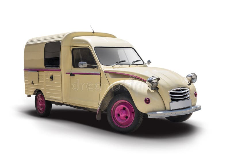 Классический взгляд со стороны фургона Citroen 2CV изолированный на белизне стоковая фотография Классический взгляд со стороны фургона Citroen 2CV изолированный на белизне стоковая фотография