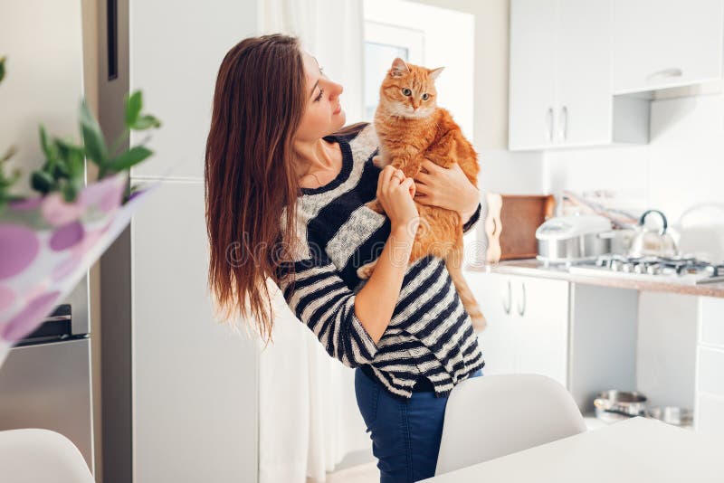 Молодая женщина играя с котом в кухне дома Девушка держа и обнимая кота имбиря стоковая фотография Молодая женщина играя с котом в кухне дома Девушка держа и обнимая кота имбиря стоковая фотография