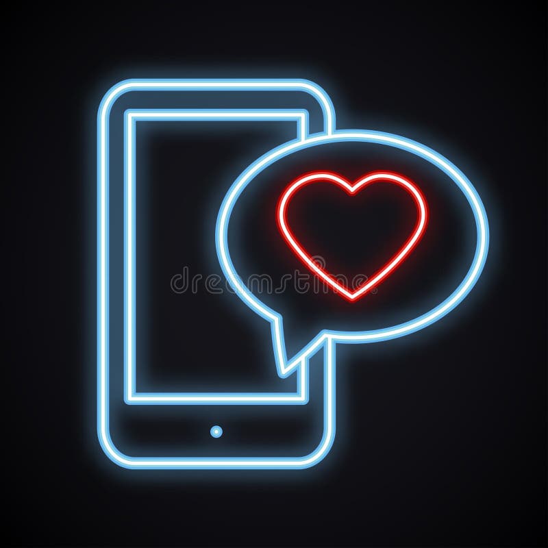 Накаляя неоновый телефон с красным сообщением emoji сердца на экране Яркий светлый знак любов иллюстрация штока Накаляя неоновый телефон с красным сообщением emoji сердца на экране Яркий светлый знак любов иллюстрация штока