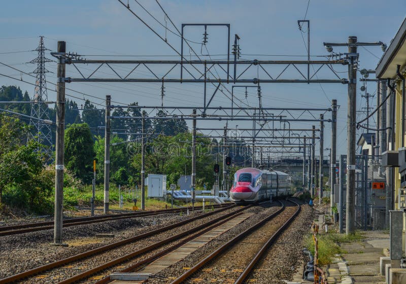 Поезд Shinkansen останавливая на железнодорожном вокзале стоковая фотография Поезд Shinkansen останавливая на железнодорожном вокзале стоковая фотография