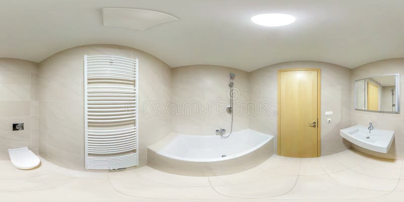 Полная панорама seamlees 360 градусов взгляда угла в современном белом пустом bathroom уборной в equirectangular сферически проек стоковая фотография Полная панорама seamlees 360 градусов взгляда угла в современном белом пустом bathroom уборной в equirectangular сферически проек стоковая фотография