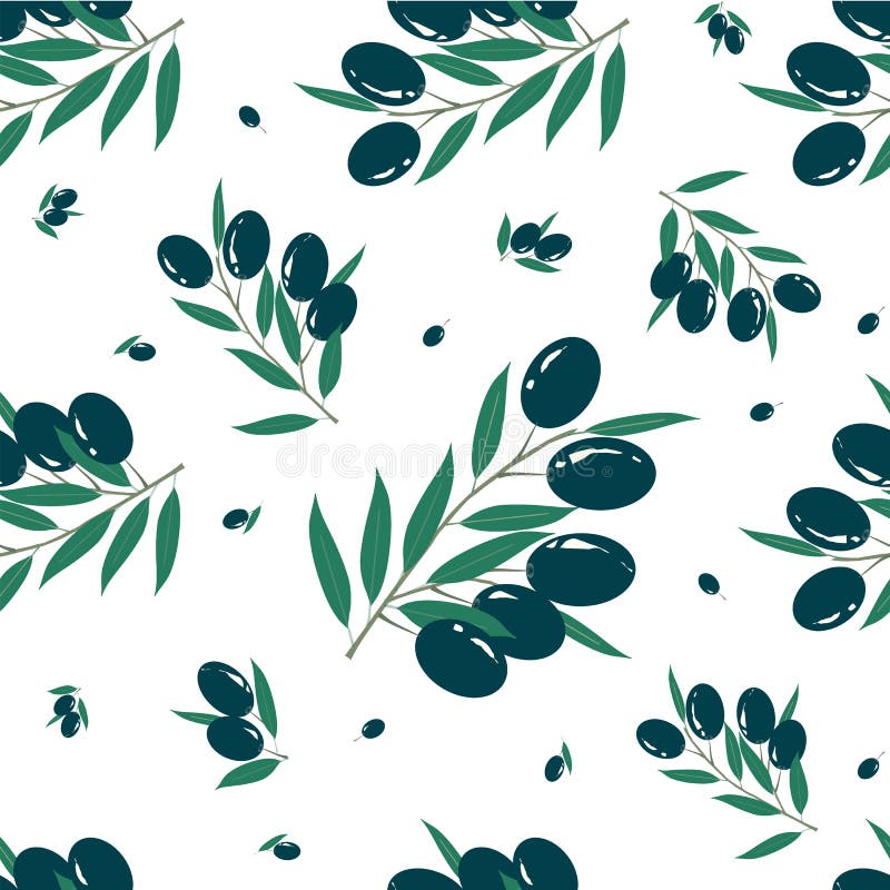 Olive branch black fruits, green leaves seamless pattern on white royalty free illustration Olive branch black fruits, green leaves seamless pattern on white royalty free illustration