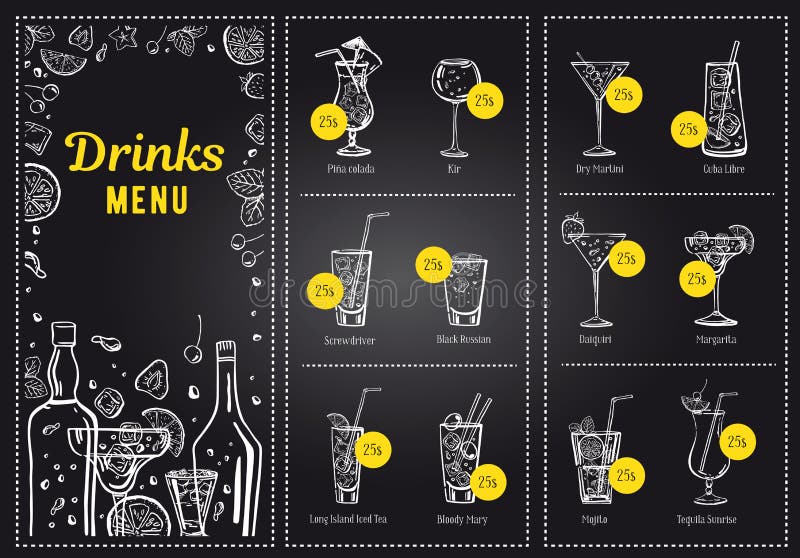 Cocktail menu design template and drink list. Vector outline hand drawn illustration with bottles and glasses on blackboard royalty free illustration