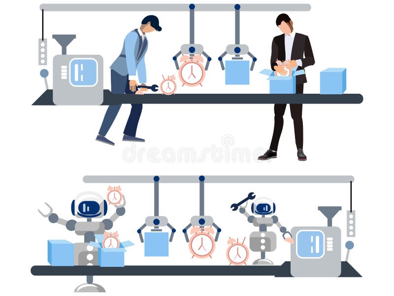 Продукция дозора Разница ориентация людей и роботов, который нужно работать В векторе мультфильма минималистичного стиля плоском иллюстрация штока Продукция дозора Разница ориентация людей и роботов, который нужно работать В векторе мультфильма минималистичного стиля плоском иллюстрация штока