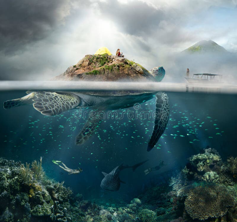 Beautiful underwater view island-turtle and traveler above and below the water surface in turquoise waters of tropical ocean. The concept of travel and adventure in the mountains and under water. Beautiful underwater view island-turtle and traveler above and below the water surface in turquoise waters of tropical ocean. The concept of travel and adventure in the mountains and under water.