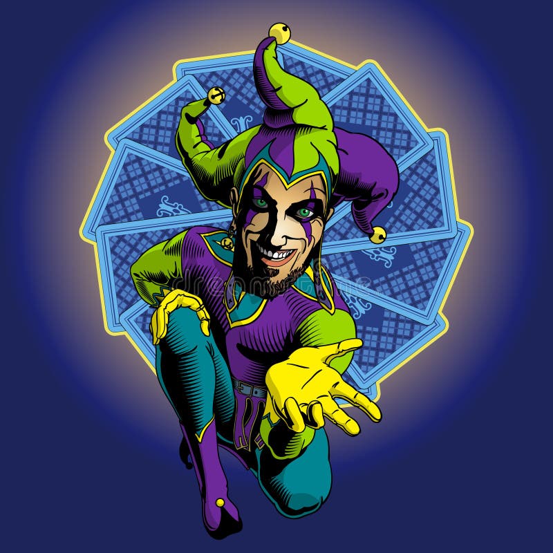 Joker Throwing Dice from Inside a Playing Card Stock Illustration