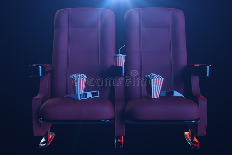 Смотреть фильма кино Состав со стеклами 3d, попкорном и чашкой с напитком Концепция кино с голубым светом 3d стоковое изображение Смотреть фильма кино Состав со стеклами 3d, попкорном и чашкой с напитком Концепция кино с голубым светом 3d стоковое изображение
