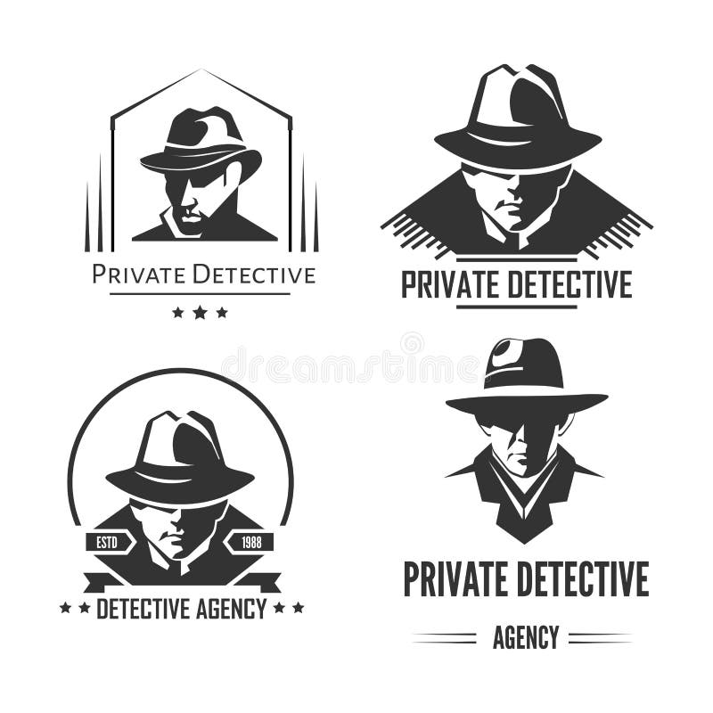Эмблемы частного детектива выдвиженческие monochrome с человеком в шляпе и классическом пальто иллюстрация штока Эмблемы частного детектива выдвиженческие monochrome с человеком в шляпе и классическом пальто иллюстрация штока