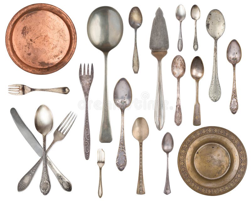 Установите 20 шикарных старых винтажных деталей Старый silverware, ложки, вилки, металлические пластины изолированные на белой пр стоковые изображения Установите 20 шикарных старых винтажных деталей Старый silverware, ложки, вилки, металлические пластины изолированные на белой пр стоковые изображения