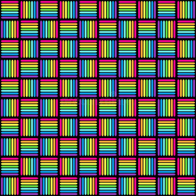 Geometric seamless pattern with multicolored cross lines, rainbow colors braided ornament, prism graphic texture. Decorative brigh