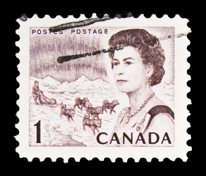 Ферзь Элизабет II, северное сияние и команда скелетона собаки, Centennial serie 1967-71 Definitives, около 1968 стоковые фотографии rf Ферзь Элизабет II, северное сияние и команда скелетона собаки, Centennial serie 1967-71 Definitives, около 1968 стоковые фотографии rf