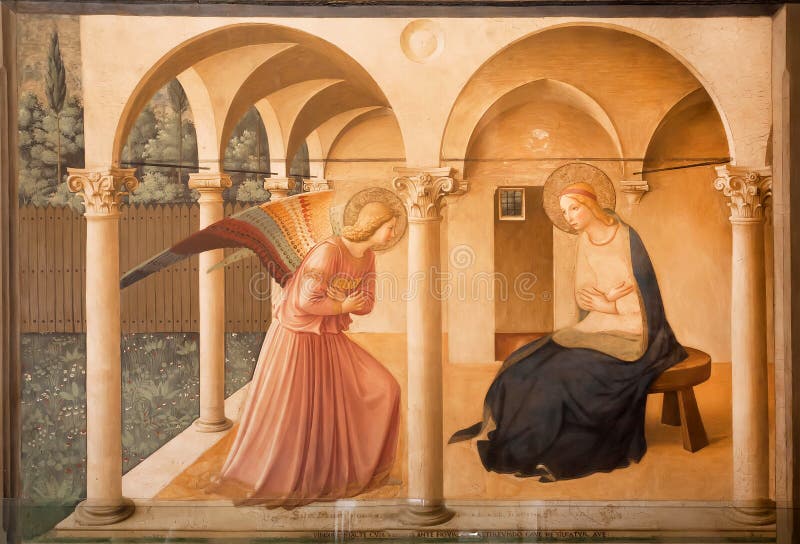 Фреска аннунциация Fra Angelico, в музее Сан Marco, бывший монастырь XV века Dominicans стоковое фото rf Фреска аннунциация Fra Angelico, в музее Сан Marco, бывший монастырь XV века Dominicans стоковое фото rf