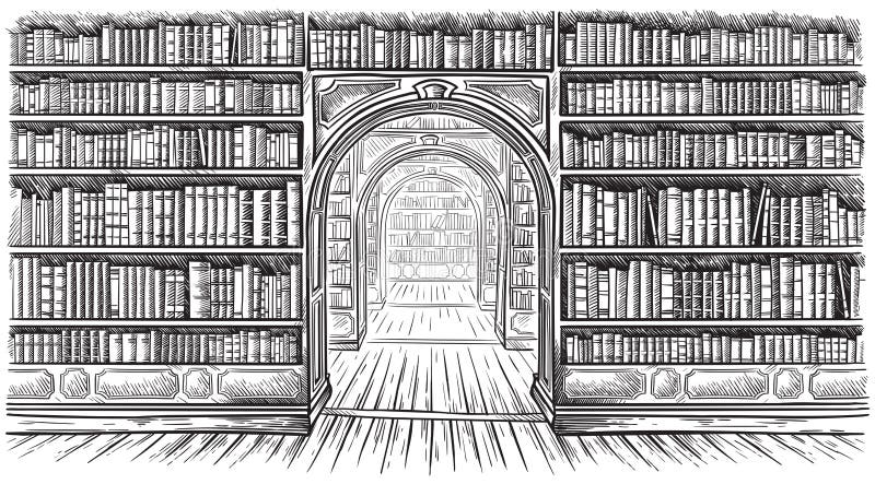 Черноты эскиза книжной полка библиотеки вектор иллюстрации внутренней графической белый иллюстрация вектора
