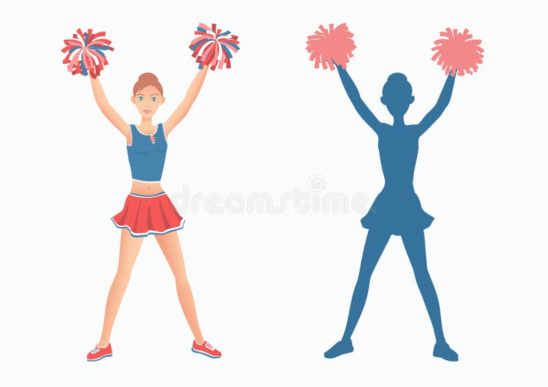 Чирлидер с pom-poms и ее силуэт на белой предпосылке иллюстрация штока Чирлидер с pom-poms и ее силуэт на белой предпосылке иллюстрация штока