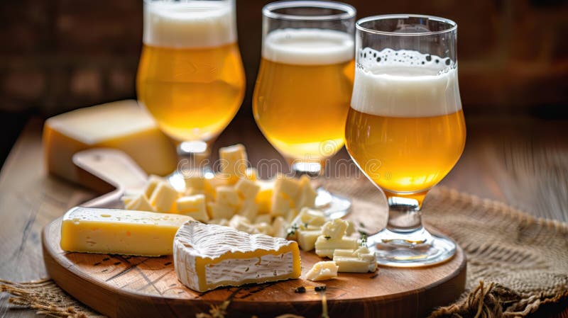 Glasses of Belgian light blonde beer made in abbey and wooden board with variety of belgian cheeses. Glasses of Belgian light blonde beer made in abbey and wooden board with variety of belgian cheeses.
