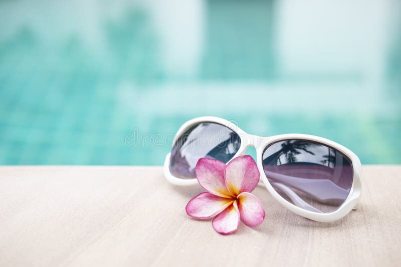 Óculos de sol do projeto com a flor bonita do Plumeria na borda da piscina fotos de stock royalty free Óculos de sol do projeto com a flor bonita do Plumeria na borda da piscina fotos de stock royalty free