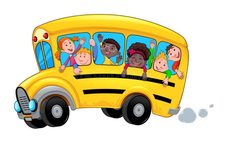 Ônibus escolar dos desenhos animados com os estudantes felizes da criança ilustração royalty free Ônibus escolar dos desenhos animados com os estudantes felizes da criança ilustração royalty free