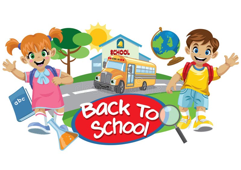 Autocarro escolar e crianças fofas ilustração do vetor