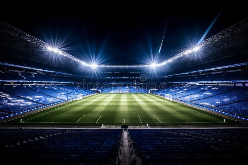 ödslig nattscen med tom fotbollsstadion och på ett upprörande sätt belyst professionellt fält vektor illustrationer
