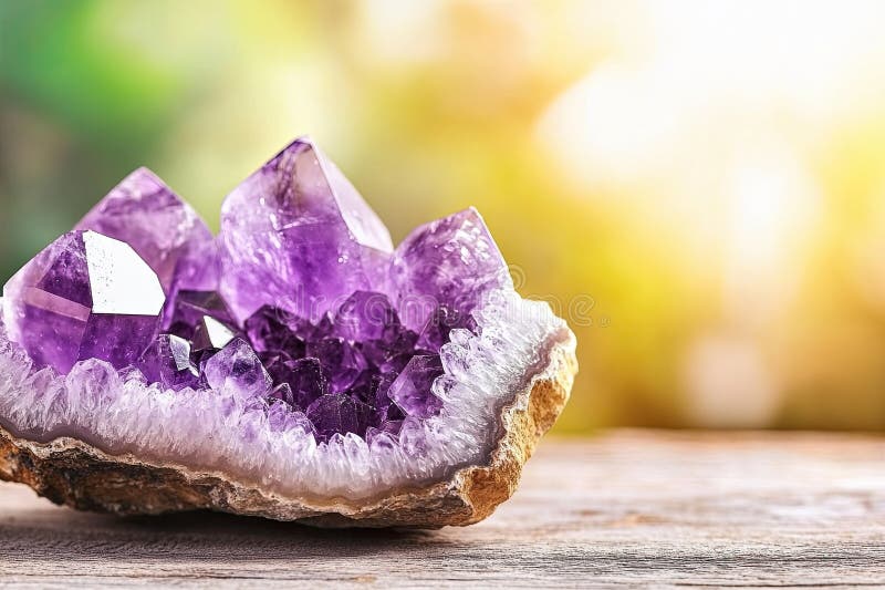Öffnen Sie eine atemberaubende Geode, um lebendige Amethystkristalle in natürlichem Sonnenlicht zu enthüllen stock abbildung