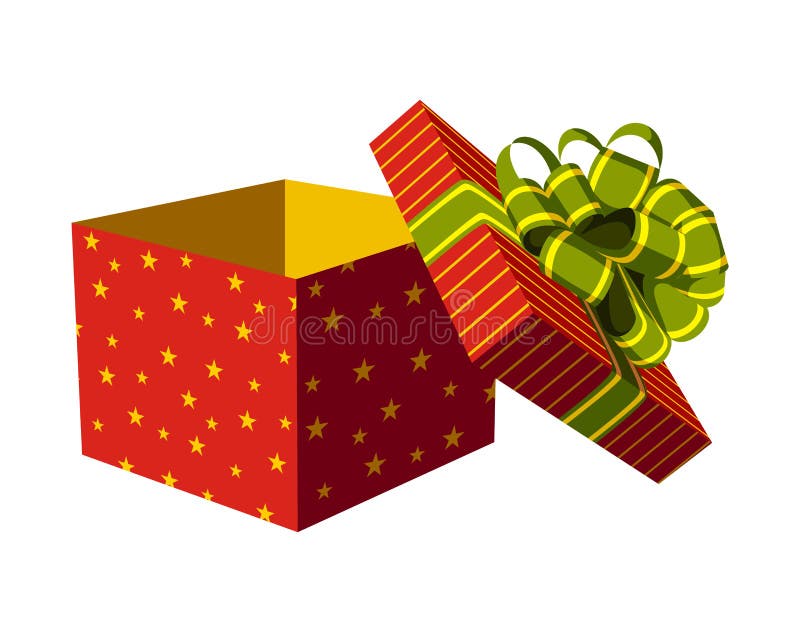 Red open gift box with green and golden ribbon. White background. Vector available. Red open gift box with green and golden ribbon. White background. Vector available