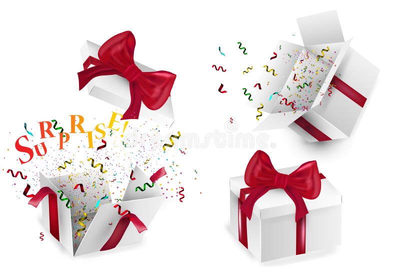 Öffnen Sie realistische Geschenkbox 3d mit rotem Bogen und mehrfarbigen den Konfettis, lokalisiert auf weißem Hintergrund mit Sch lizenzfreie abbildung Öffnen Sie realistische Geschenkbox 3d mit rotem Bogen und mehrfarbigen den Konfettis, lokalisiert auf weißem Hintergrund mit Sch lizenzfreie abbildung