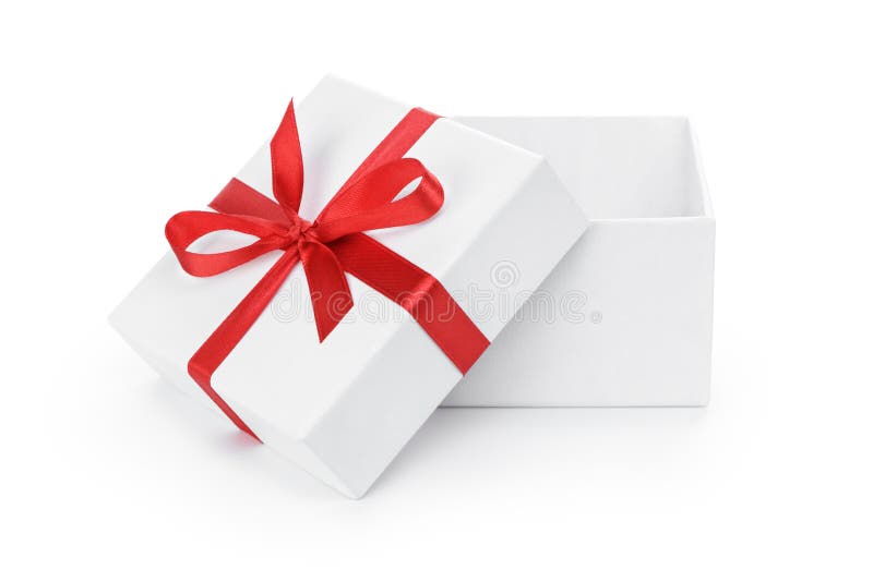 Open white textured gift box with red ribbon bow, isolated on white. Open white textured gift box with red ribbon bow, isolated on white