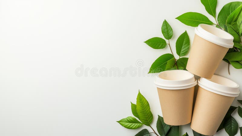 Öko-freundliche Einweg-Kaffeebecher, die inmitten grüner Blätter ruhen und das Umweltbewusstsein auf sauberem Weiß symbolisieren lizenzfreies stockfoto