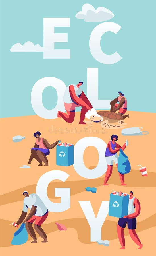 Ökologie-Schutz-Konzept, Leute, die Abfall auf Strand sammeln Verschmutzung der Küste mit Abfall r vektor abbildung Ökologie-Schutz-Konzept, Leute, die Abfall auf Strand sammeln Verschmutzung der Küste mit Abfall r vektor abbildung